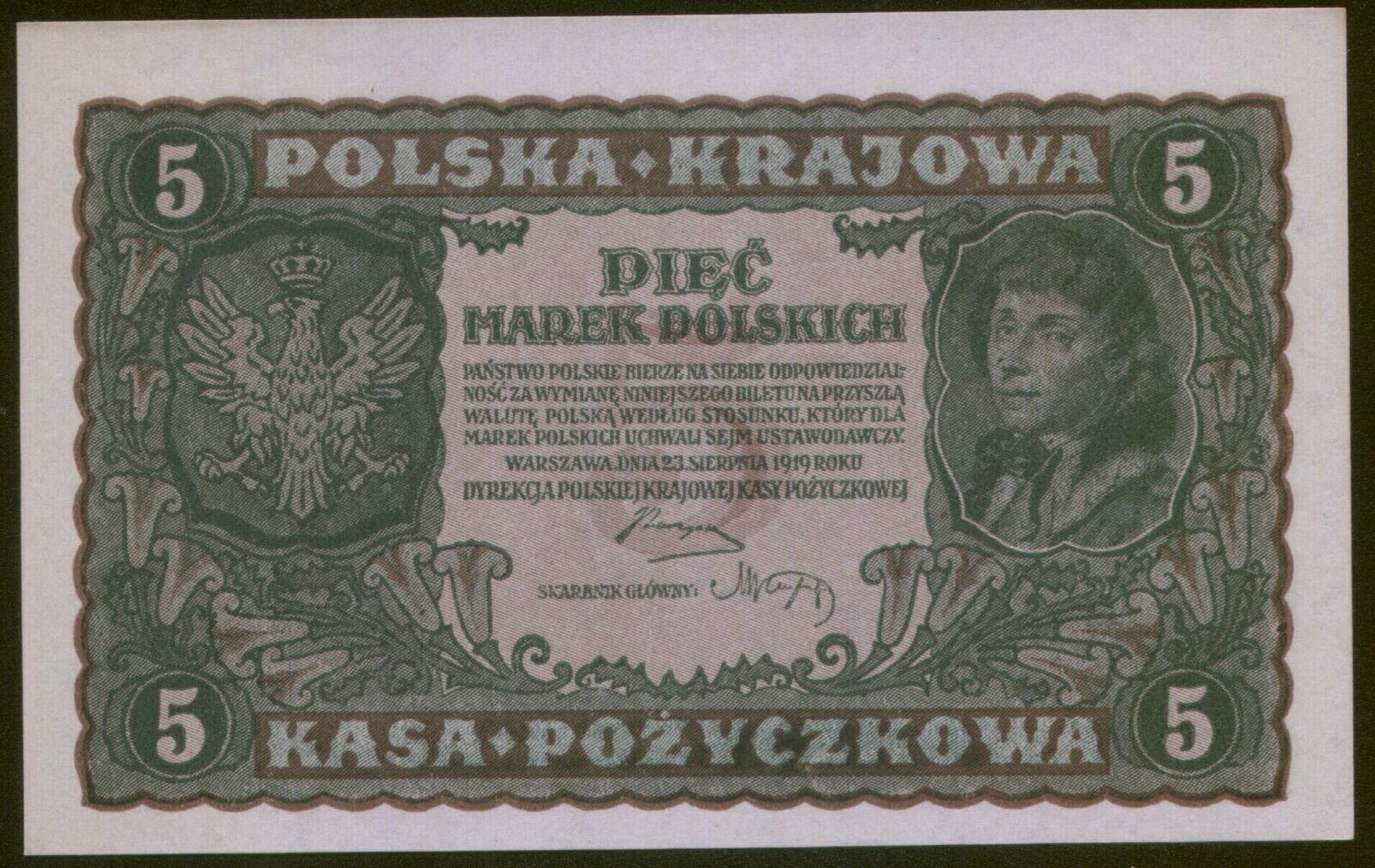 Poland 5 Marek 1919 Pick 24 Aunc