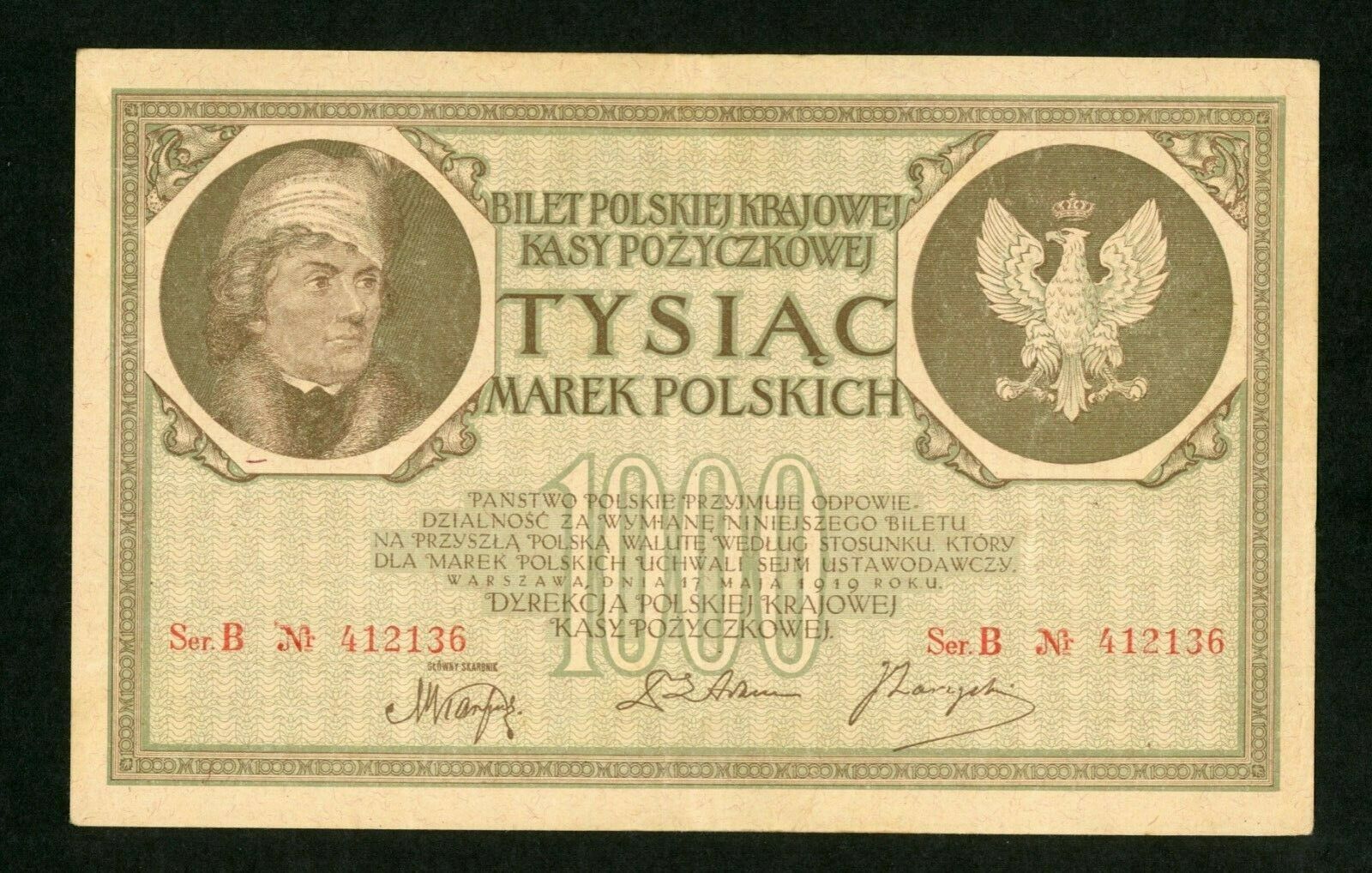 Poland 1000 Marek 1919  Ser. B Nr. Pick # 22a  Vf-xf.